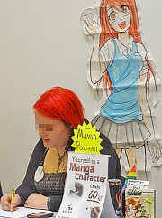 Young woman at a table drawing. There's a sign saying -- Yourself as a Manga character, only 60Kr. In the background is a drawing of a female manga character.